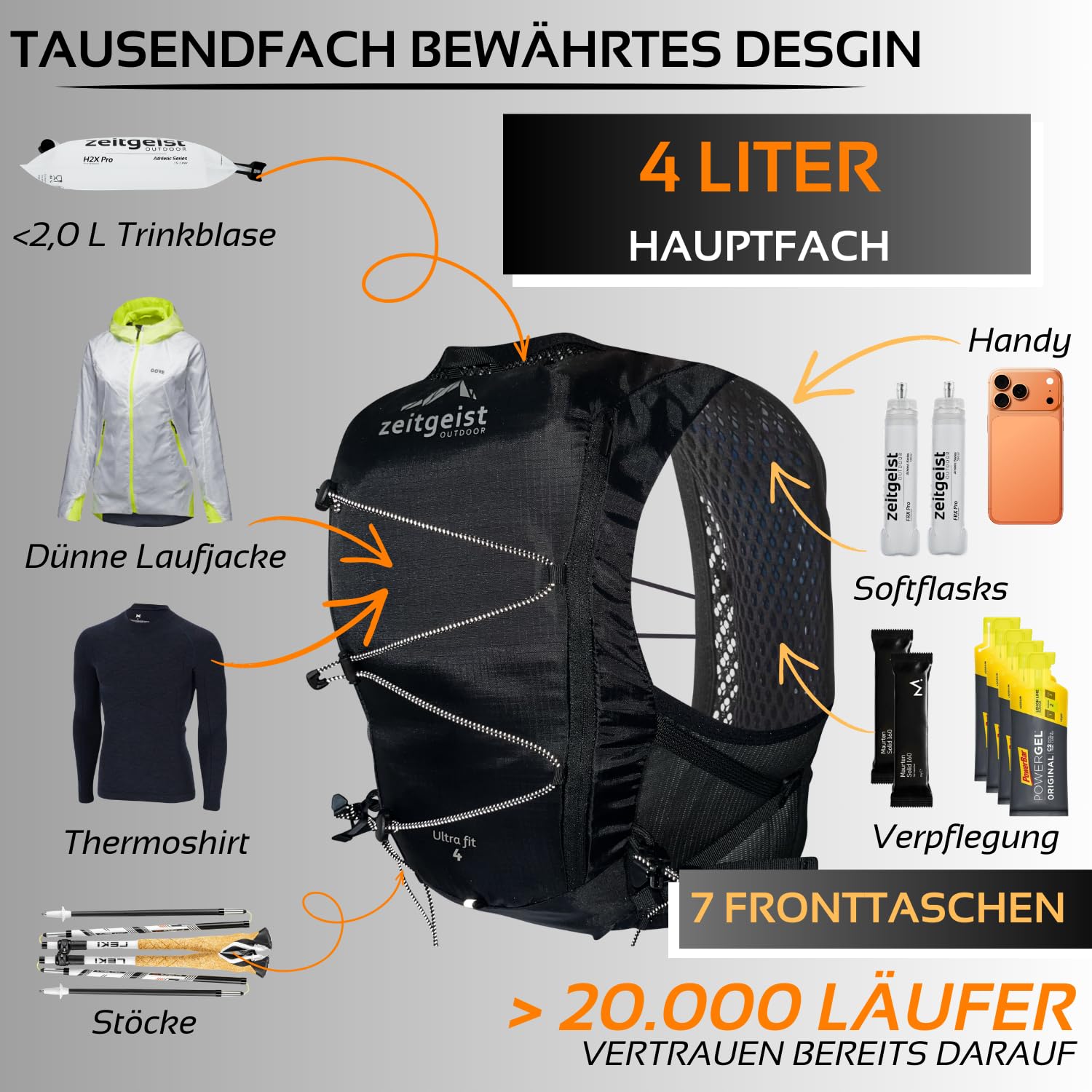 Laufweste Damen und Herren 4L optimale Passform atmungsaktiv ultraleichter Laufrucksack 210g Trinkruckack Laufen Fahrradrucksack Trailrunning Rucksack