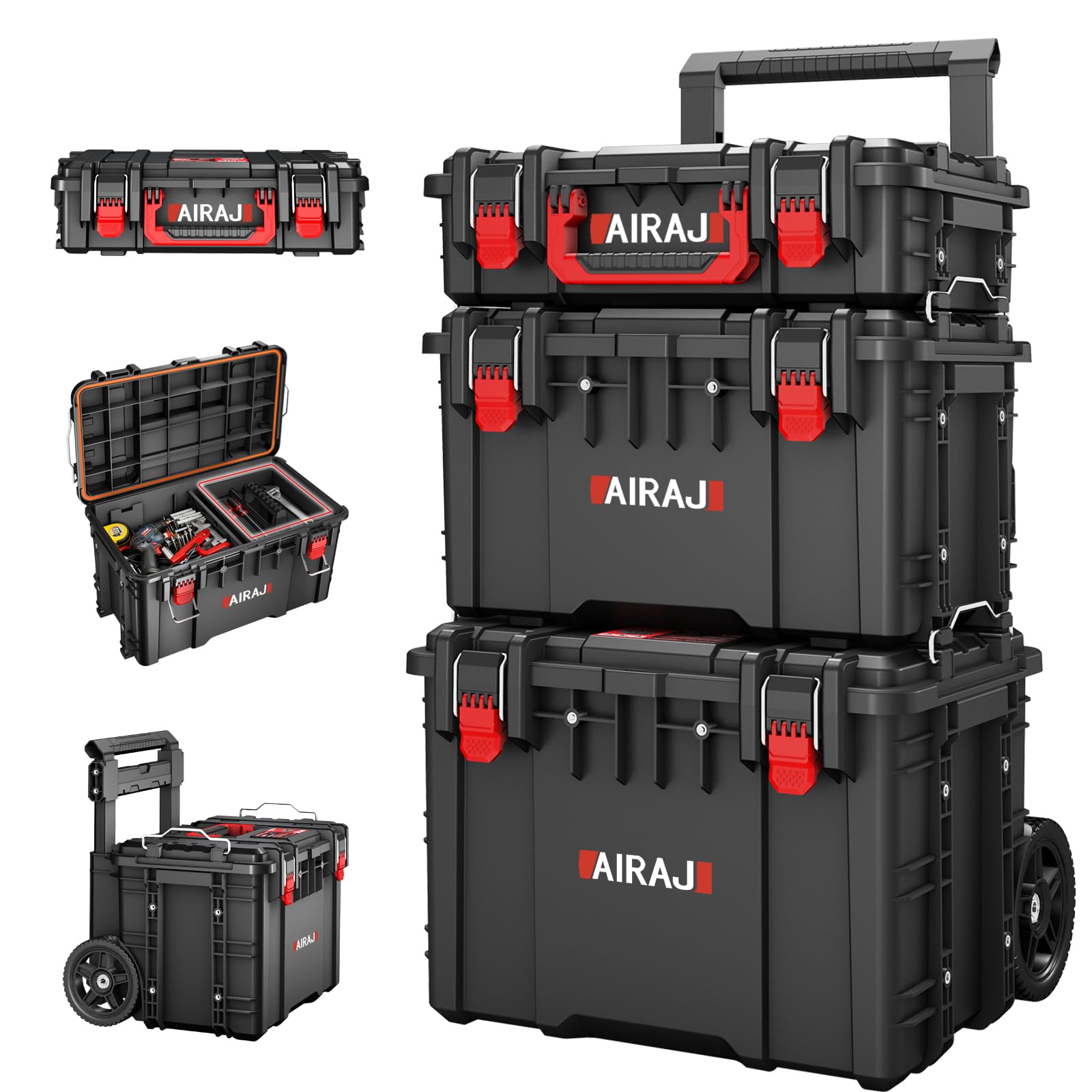 AIRAJ 3 Tier Rolling Tool Box Heavy Duty, Stackable Tool Box with