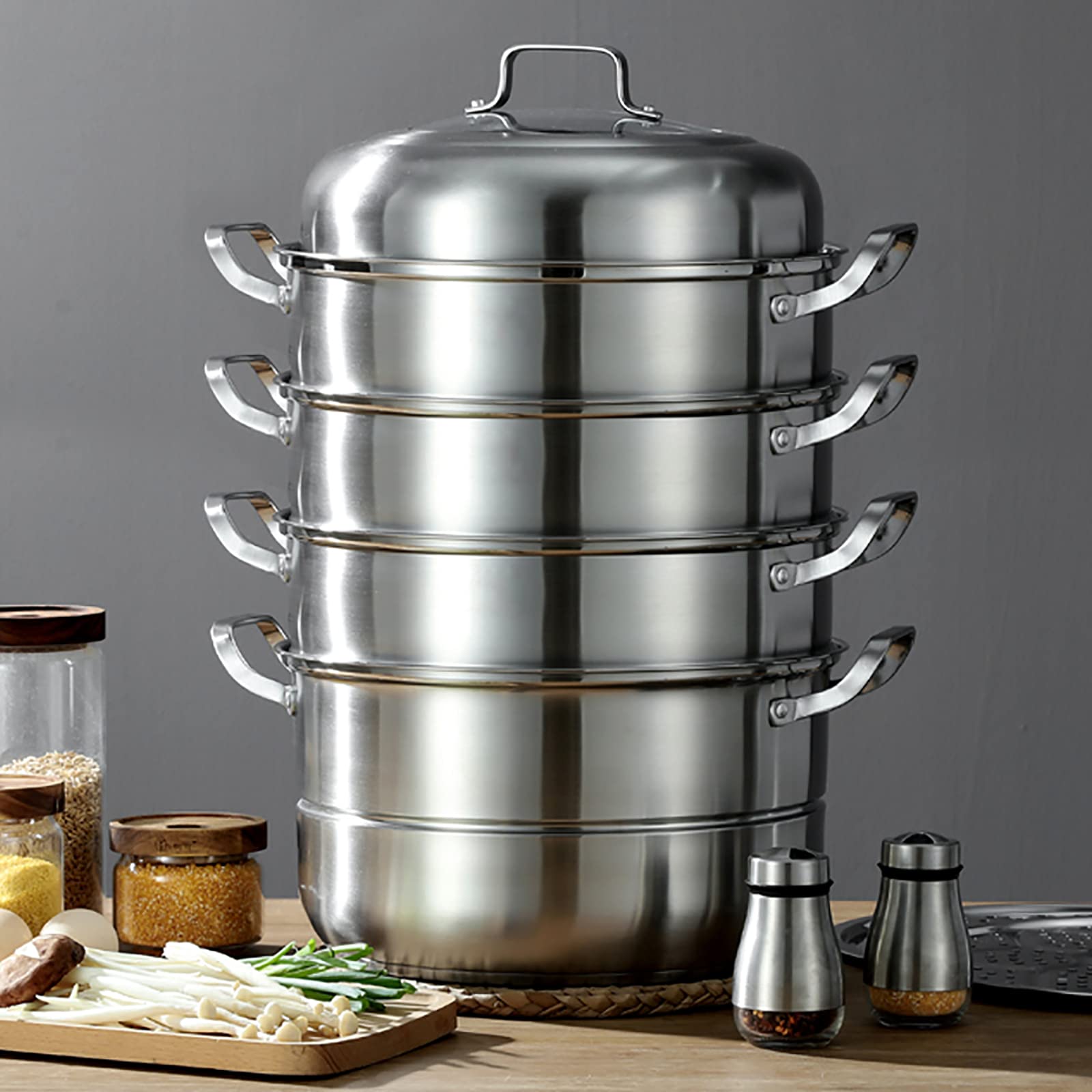Xuthusman 304 Stainless Steel Steamer - Stackable 5 Levels with Glass Lid - Diameter 32cm - Rustproof