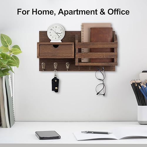 Miniatura 6 de Soporte para llaves de pared con organizador de correo, 100% madera de paulownia, 7 ganchos de metal, cajón de almacenamiento, entrada decoración
