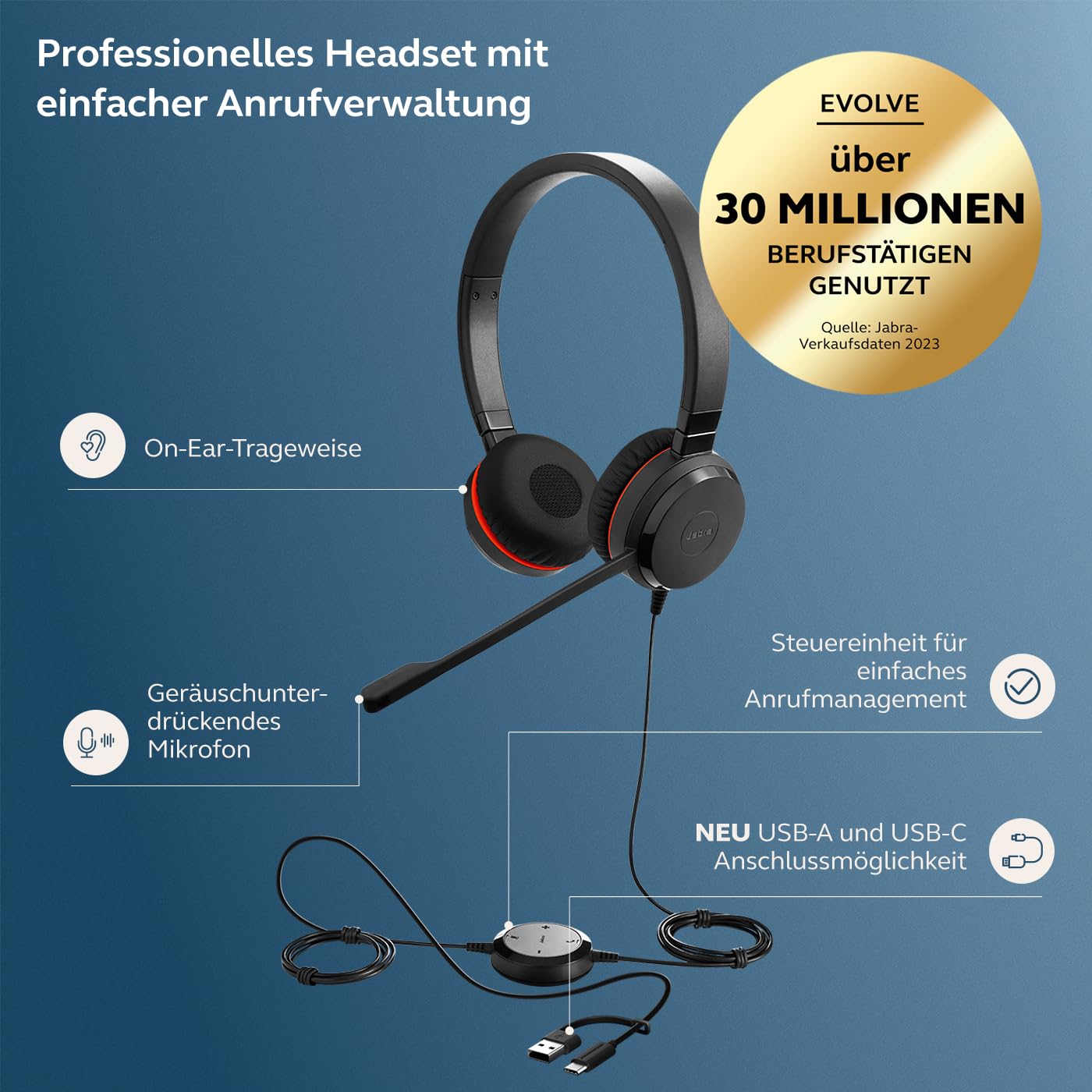 Jabra Evolve 20 Stereo Headset - Unified Communication Zertifizierte Kopfhörer für VoIP Softphone mit passiver Geräuschunterdrückung - USB-C/A - Schwarz