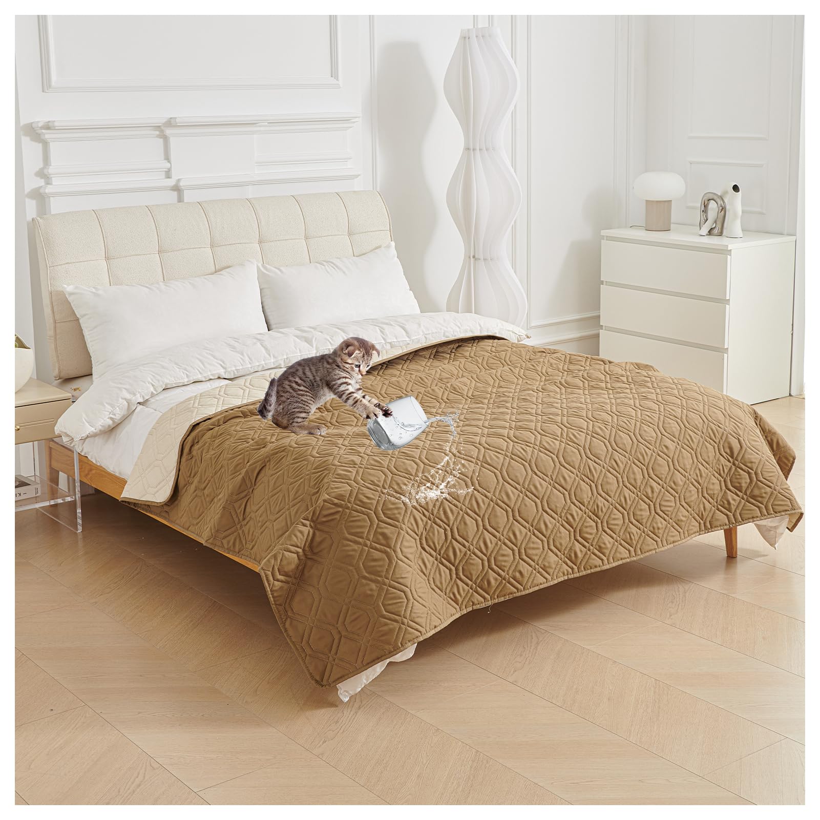 Funda de cama impermeable de doble cara para perro, manta antideslizante y protector de sofá para mascotas, antiarañazos, ideal para perros y gatos, uso en interiores y exteriores (210 x 260 cm, caqui