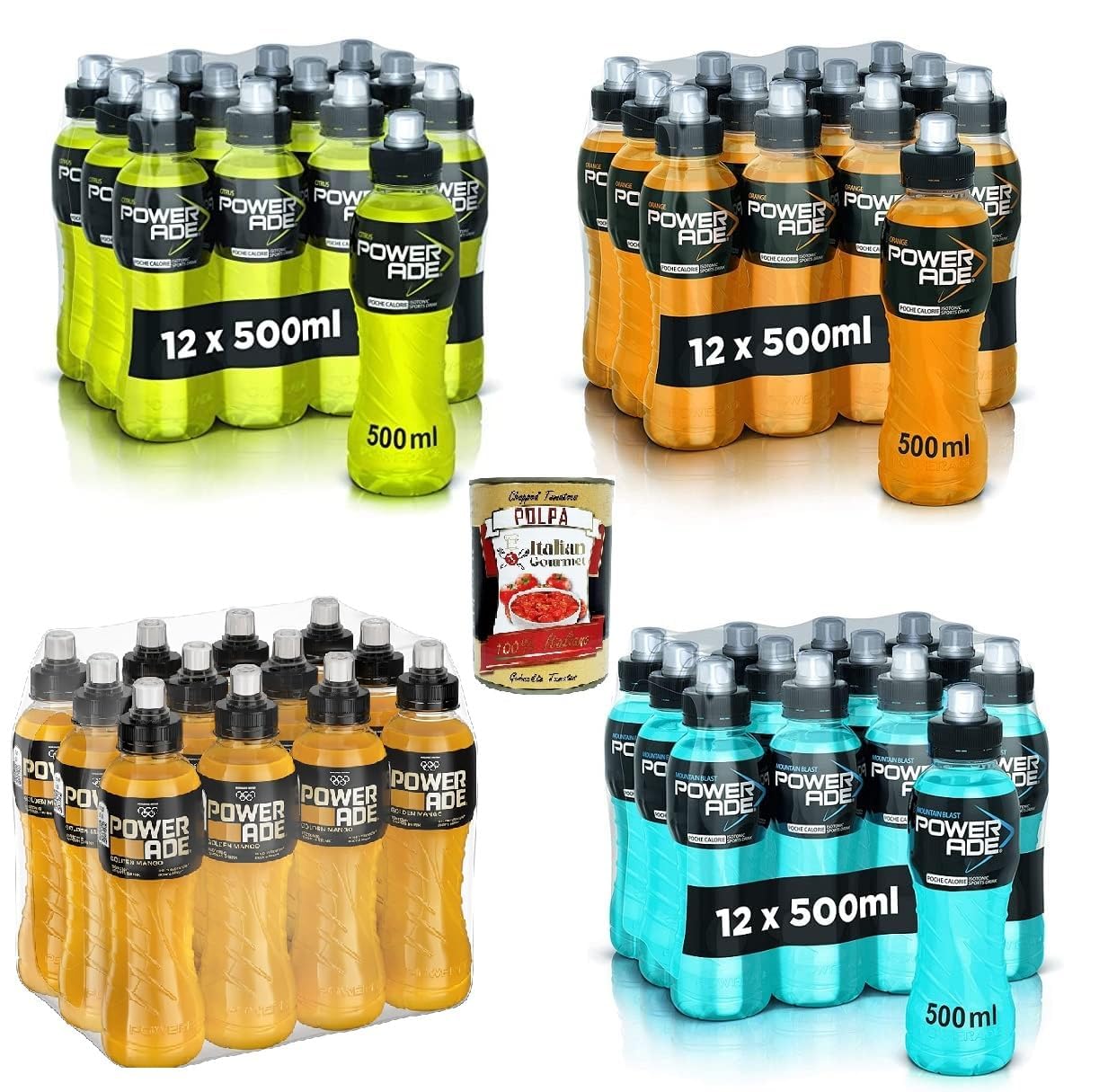 Italian Gourmet Bundle Powerade Sportgetränke Mix 48x500ml 24L Polpa | 48 Flaschen à 500ml, 24L Gesamtinhalt, Mix aus Citrus, Orange, Golden Mango und Mountain Blast laut Bild