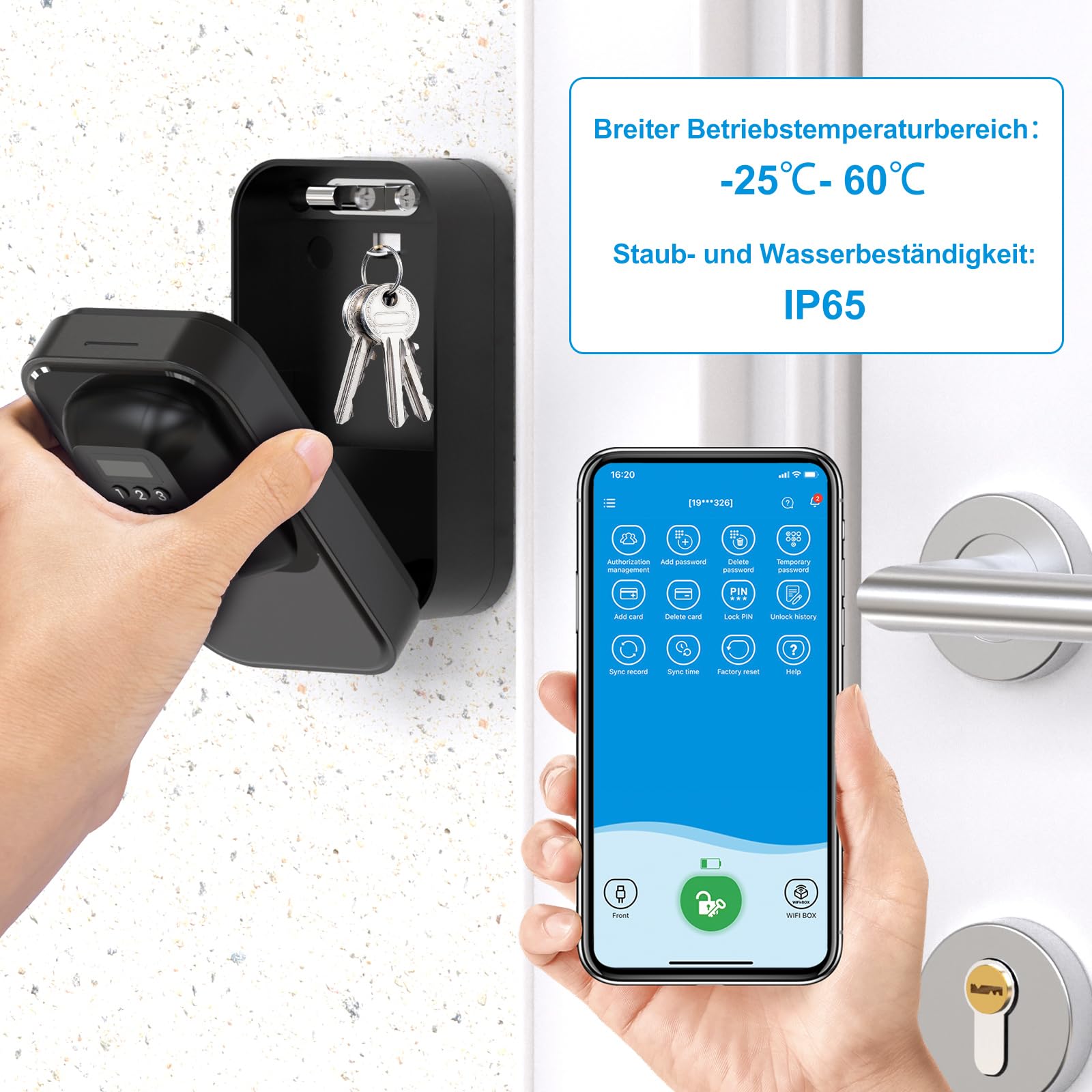 WELOCK Smarte Schlüsselbox mit Zahlencode APP Schlüssel, Schwarz | Temporäres Passwort, BLE Lock Box, IP65 Wasserdicht, Tür- und Wandmontage,für Reisen Hotel Zuhause Wohnung Hochschule