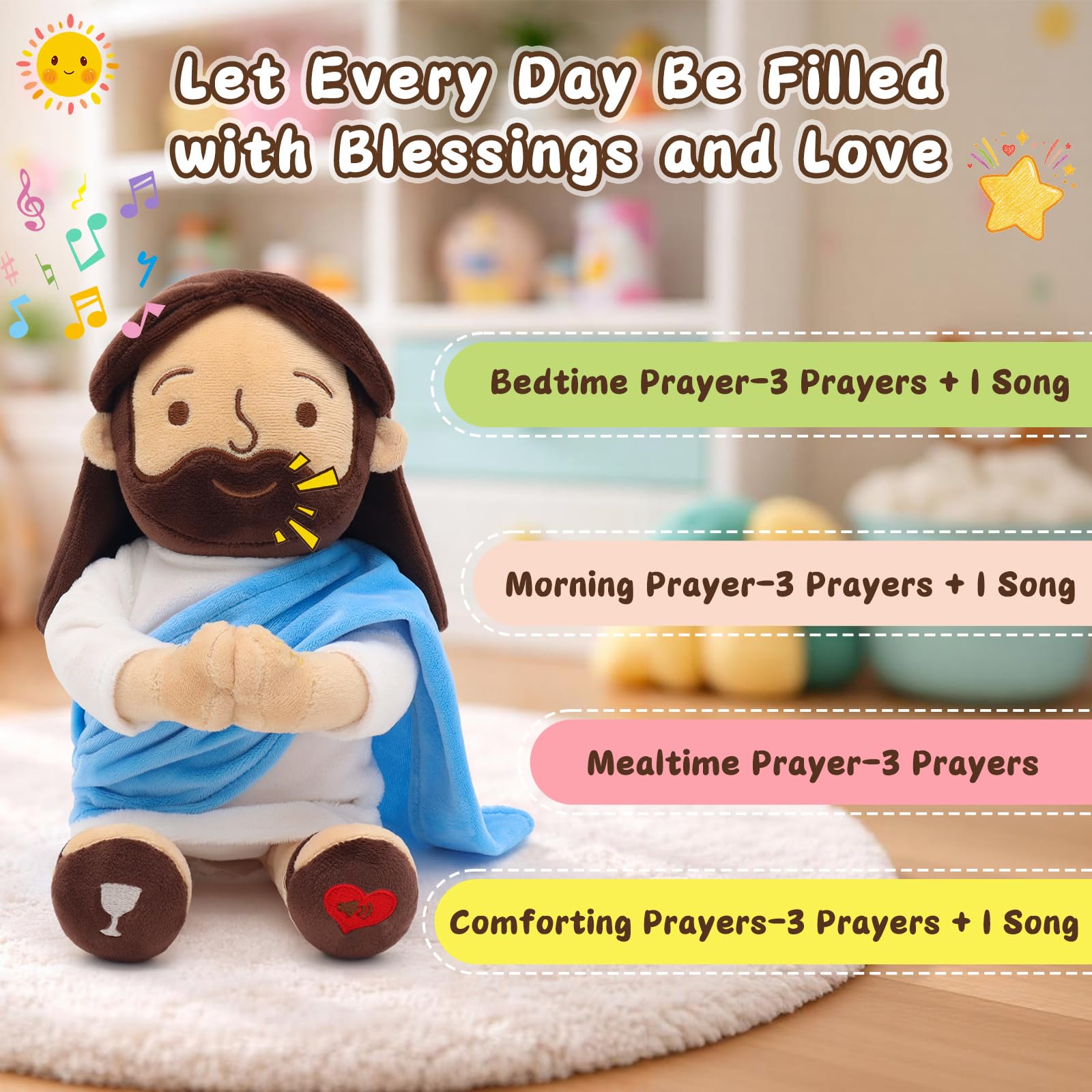Yelakey 33 cm betender Jesus, Plüsch für Kinder, sprechende Jesus-Puppe für Kirche, Ostergeschenk, Jesus-Plüschpuppe für Sonntagsschule, religiöse und Taufgeschenke, spricht 12 Gebete und 3 Lieder