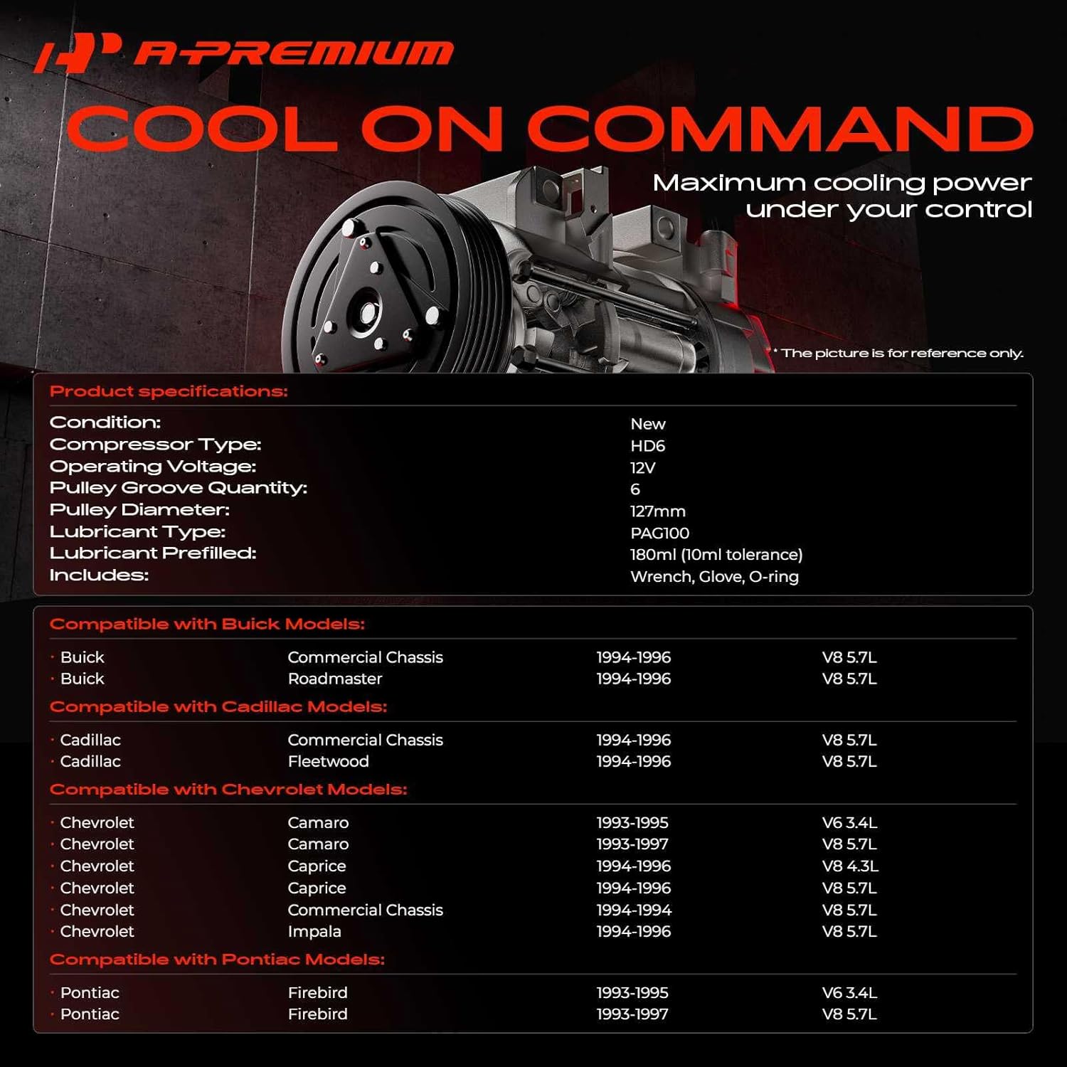 A-Premium A/C Compressor with Clutch Compatible with Chevrolet Impala 1994-1996, Commercial Chassis, Buick Roadmaster, Cadillac Fleetwood, Pontiac Firebird