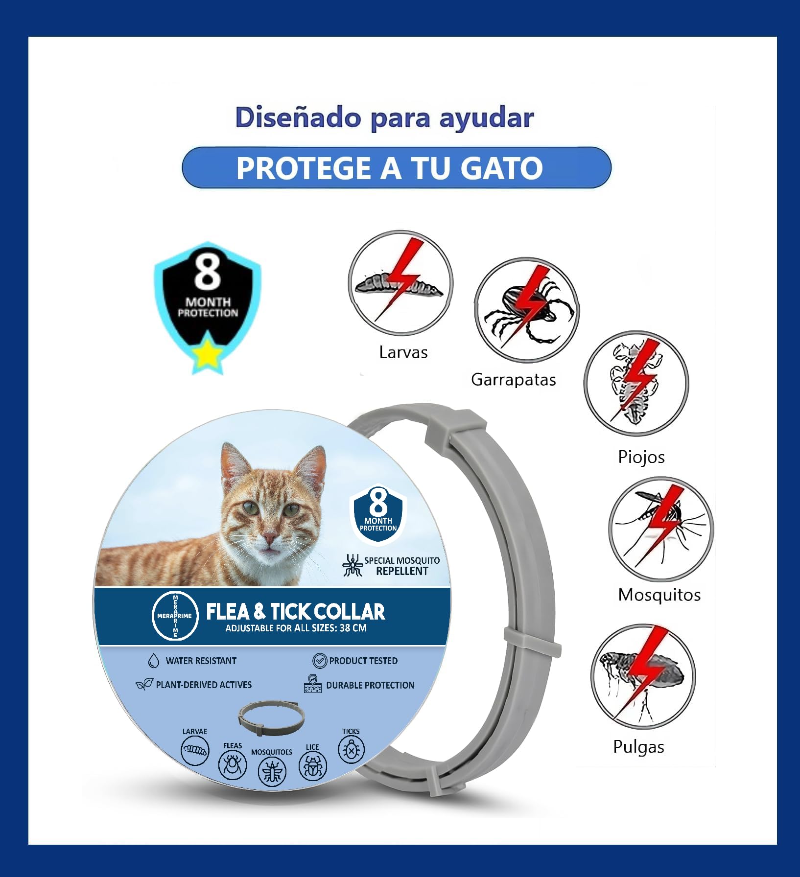 Collar Antiparasitario Gatos y Perros - Desparasitante Gatos Mosquitos, Pulgas y Garrapatas - Collar Antipulgas Gato, Desparasitacion Gato -38cm Ajustable, 8 Meses, Repelente Vegetal, Impermeable