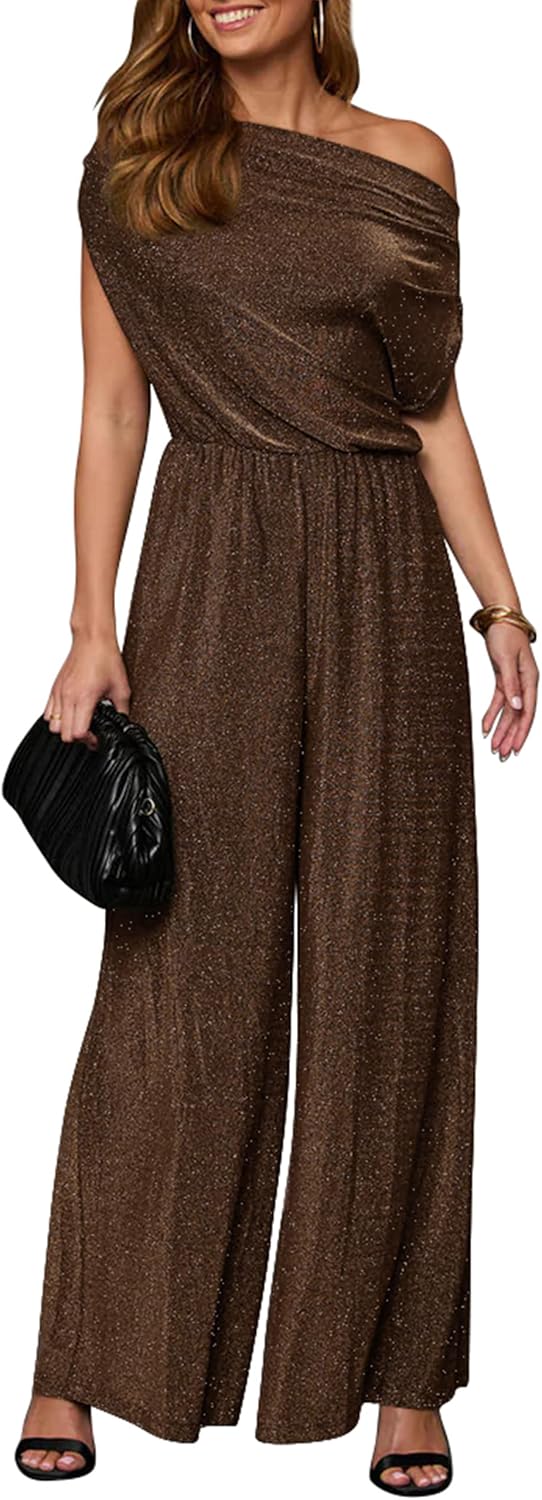 YMDUCH Women's Casual Off Shoulder Short Sleeve Wide Leg Long Pant Elegant Sparkly Party Jumpsuit