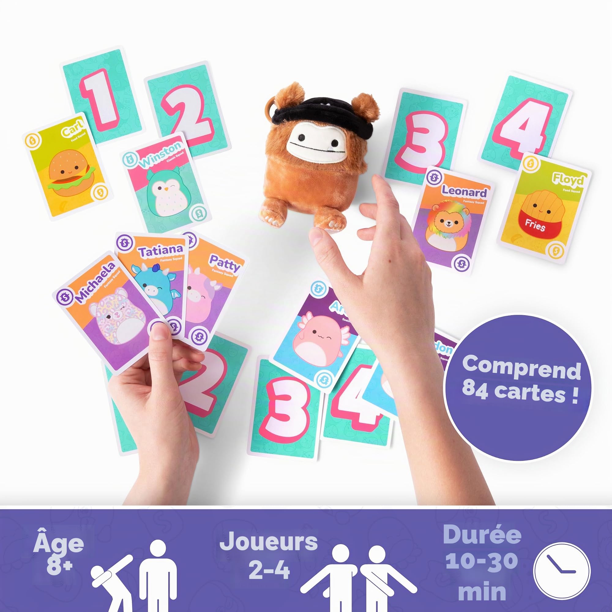 WHAT DO YOU MEME? Squishmallows Take4 : Le jeu de cartes familial au rythme rapide, idéal pour les garçons et les filles de 8 ans et plus, comprend Benny The Bigfoot Squishmallow, des jeux de vacances