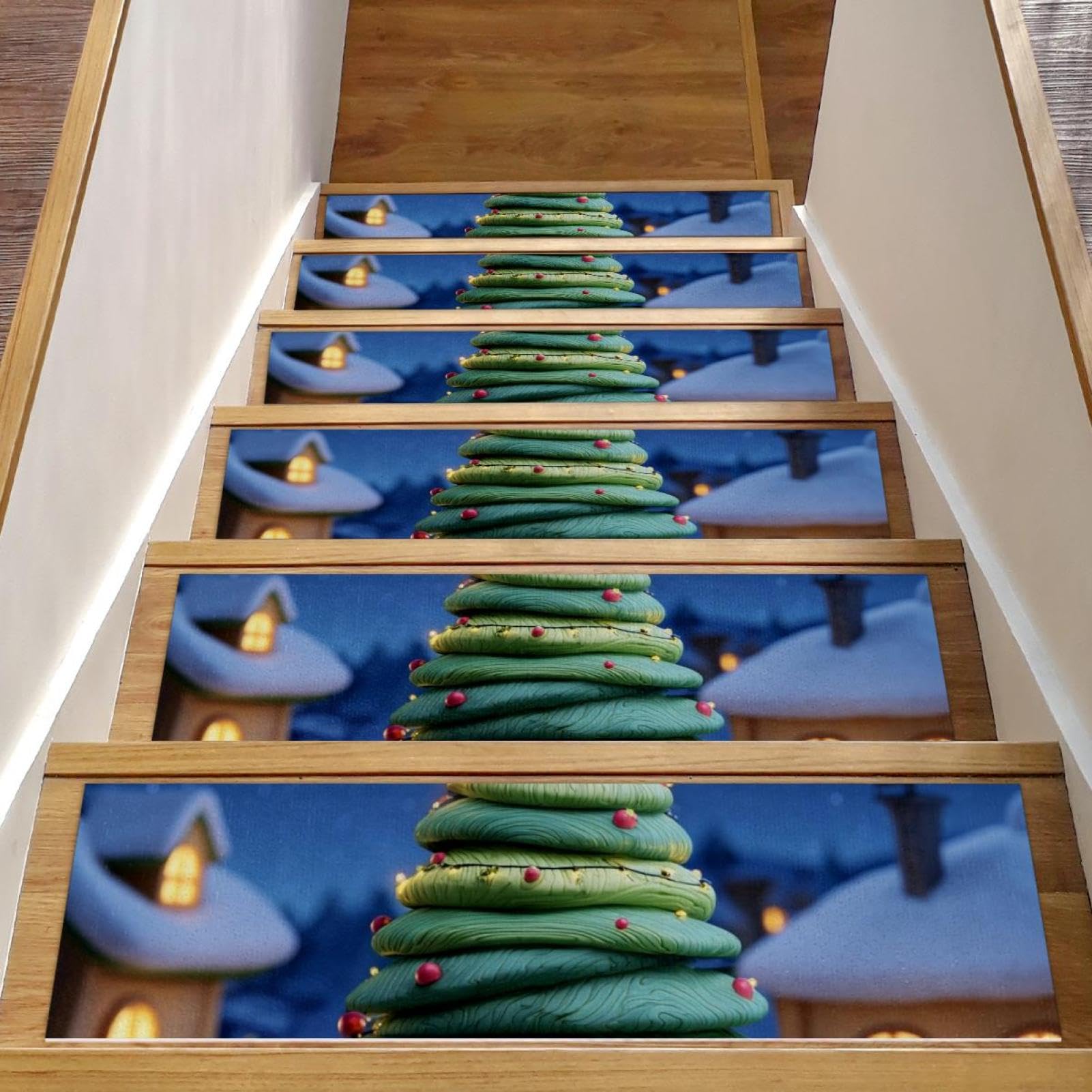 CHENZZZZ Cartoon Christmas Tree Stair Treads for Wooden Steps, 15 Pieces 8" X 30" Non-Slip Carpet Stairway Treads, Washable Stair Runner Rugs for Kids Elders Dogs