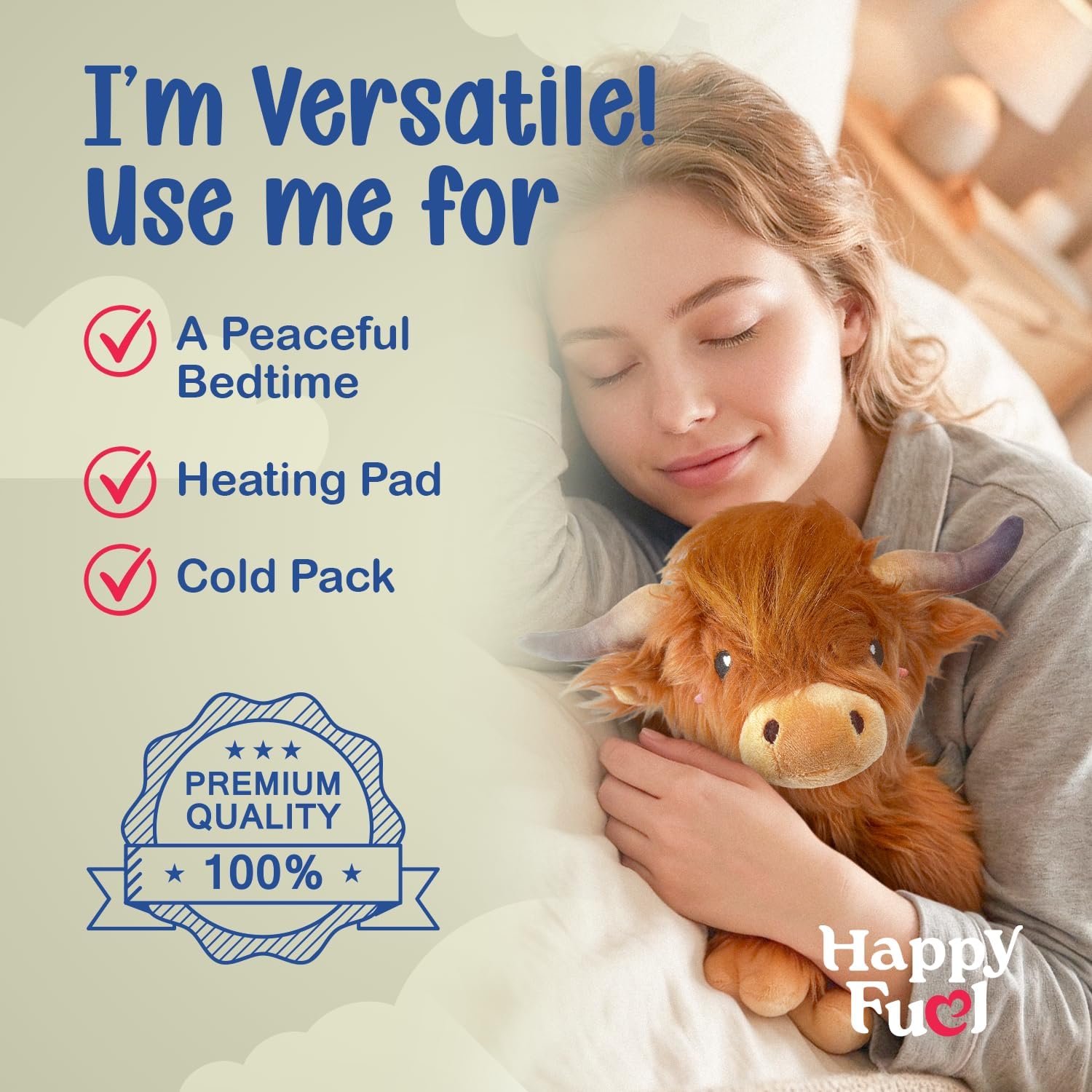 Happy Fuel Highland Cow Microwavable Stuffed Animal – 1.5 lb Unscented Heating Pad Plush, Soft Cozy Cute Cow Toy Gift for Women, Girls, Adults & Kids