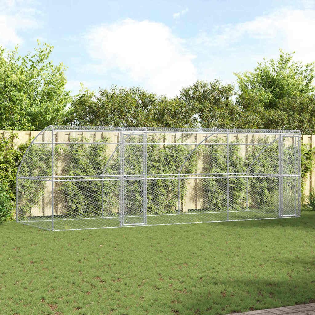 Set di 3 cucce per cani, in acciaio zincato, argento, 6 x 2 x 2 m, per esterni | Robusto recinto da giardino con porta richiudibile, tetto a rete traslucido e superficie facile da pulire.