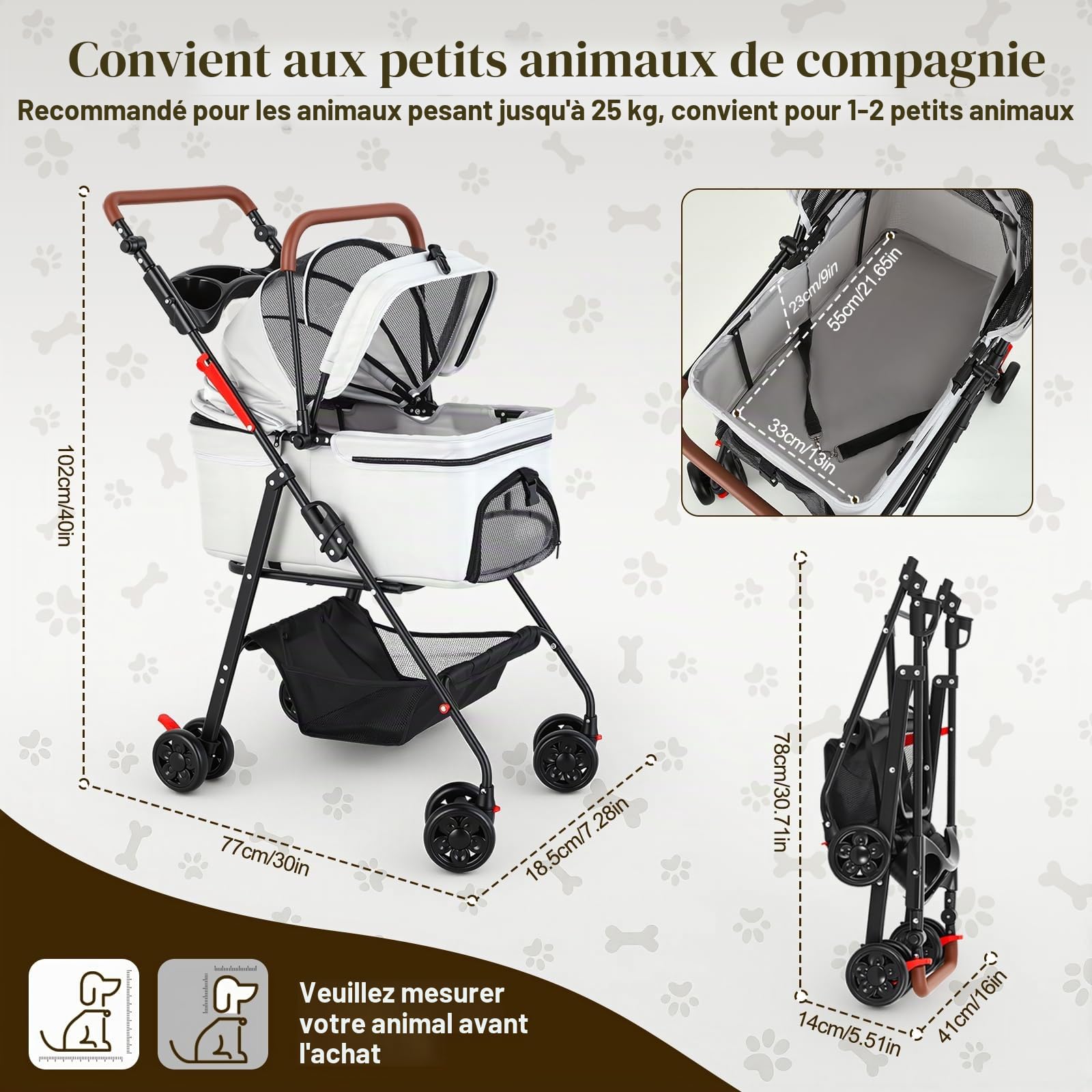 Poussette 3 en 1, pour chiens de taille moyenne, pliable, jusqu'à 20 kg, avec espace de rangement, siège auto amovible et compartiment alimentaire