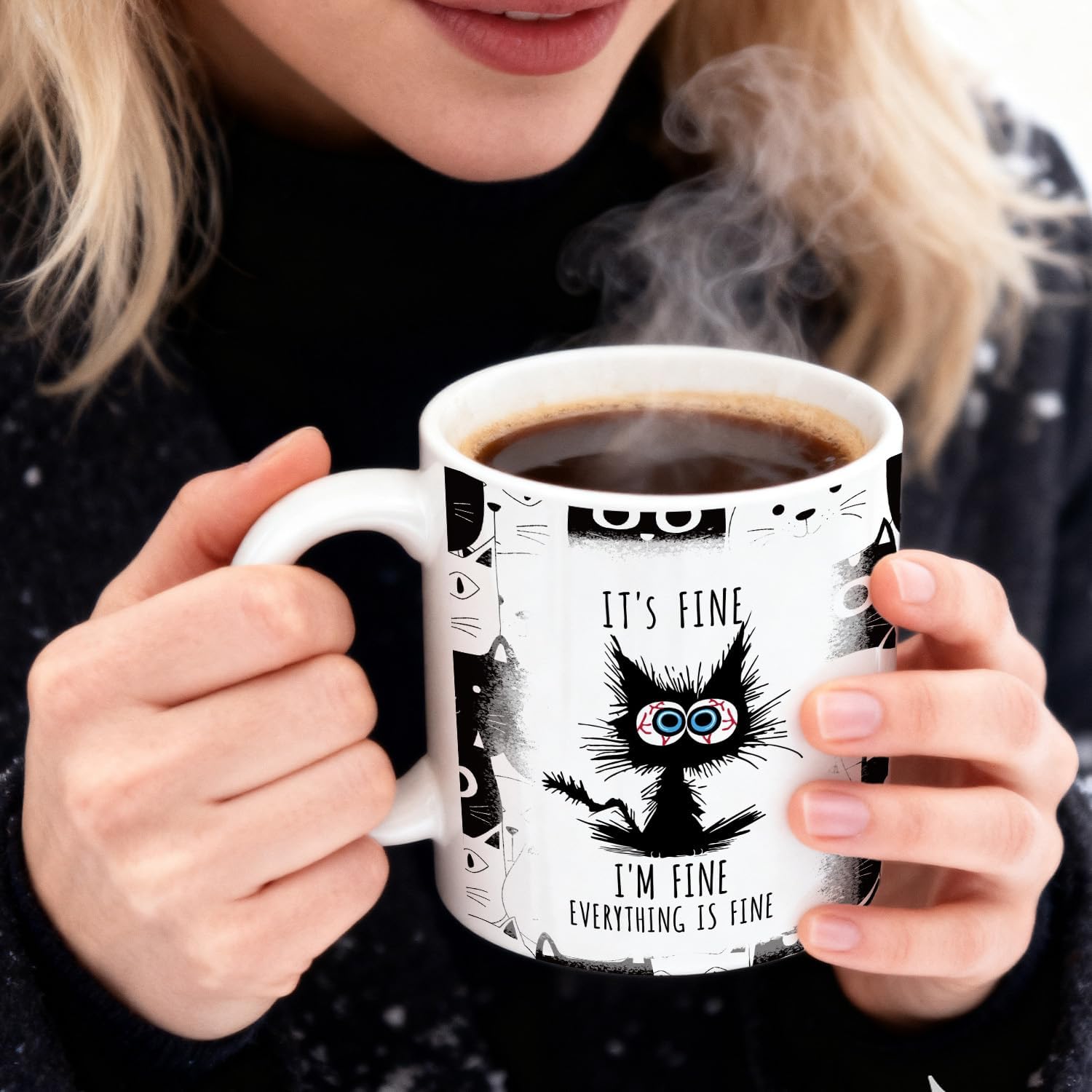 Funny Black Cat Mug for Pet Lovers Coworkers Work Bestie, Birthday Christmas Gifts for Cat Mom, Crazy Cats Halloween Gifts, 11 Oz Coffee Mug Cup - I'm Fine Everything is Fine - Image 2