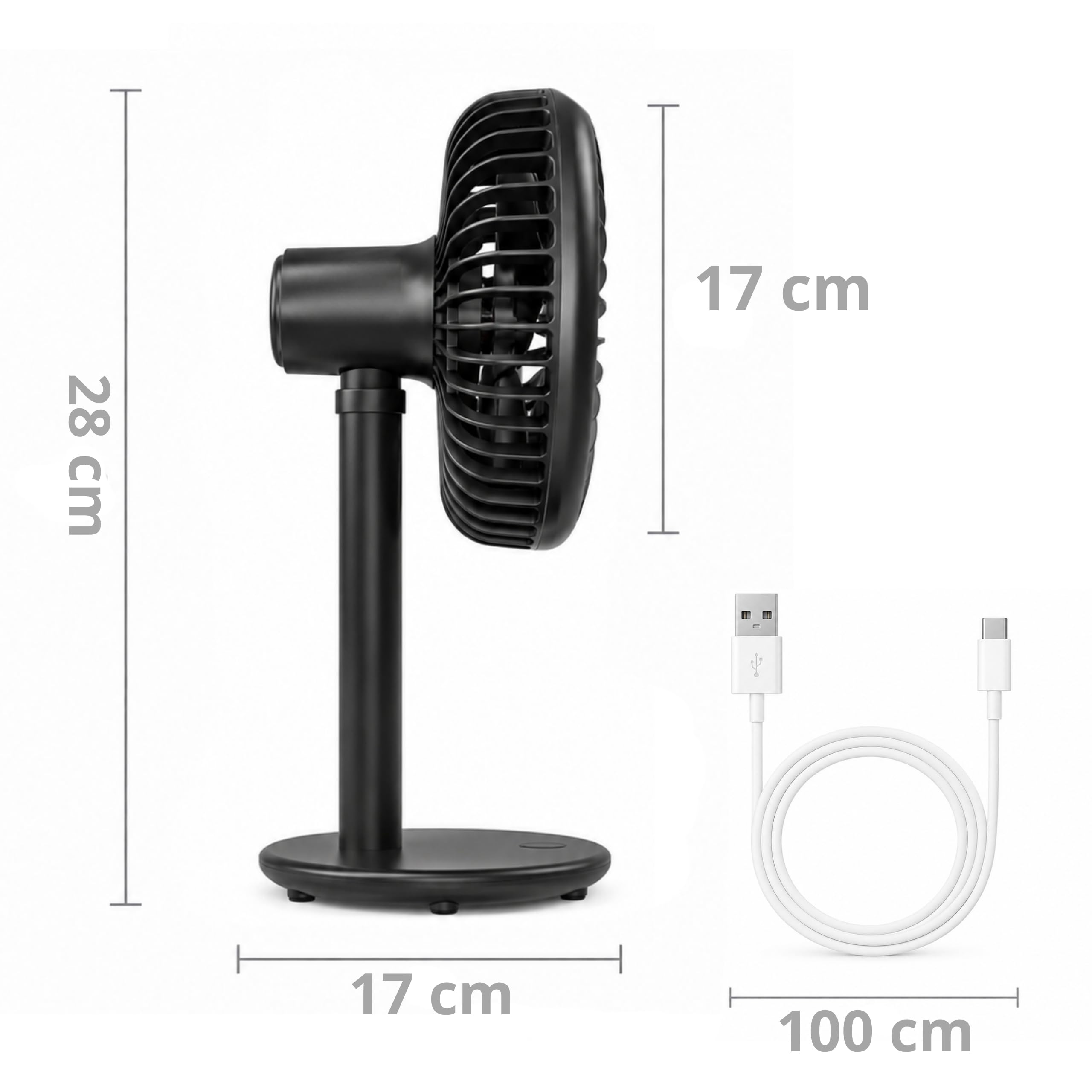 Cichy wentylator biurkowy - Wiatrak USB na akumulator 4000mAh, Ø 16,5cm, bezszczotkowy mini wentylator z 7 łopatkami CoolGo, 4 tryby, naturalny wiatr, 14h pracy, czarny