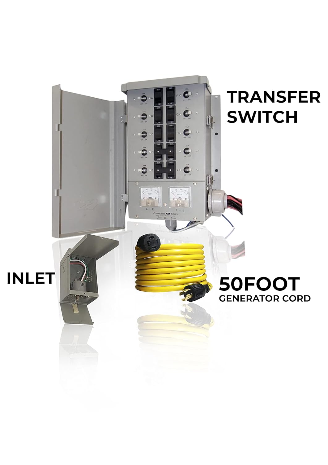Connecticut Electric EmerGen Manual Transfer Switch Kit 30 Amp, 50 Foot Cord, 10-Circuit, 7500 Watts, EGS107501G2K50 for Portable Generator (with 50 FT Generator Cord)