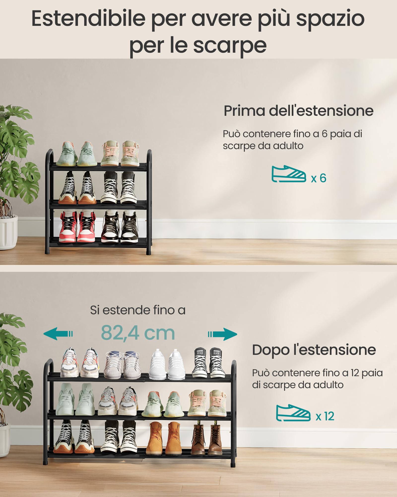 SONGMICS Scarpiera Espandibile, Scaffale per Scarpe, Ripiani Regolabili, Robusta e Resistente, per Ingresso Armadio Soggiorno, 3 Ripiani, Nero Inchiostro LMR036BD01