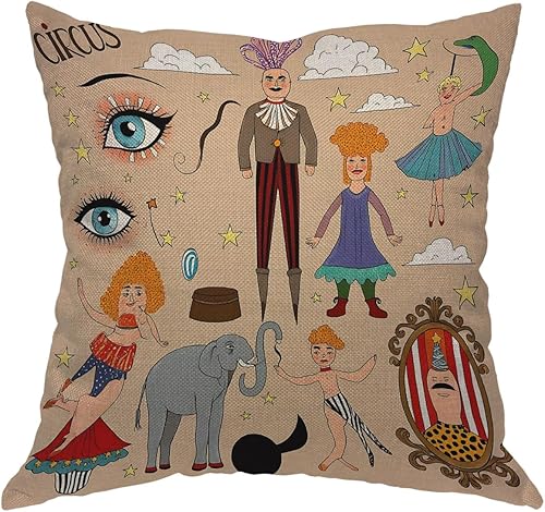 Fundas de almohada de 18 x 18 pulgadas, diseño de elefante, estrella de circo, intérprete de circo, adivinador psíquico, adivino, payaso, fundas de