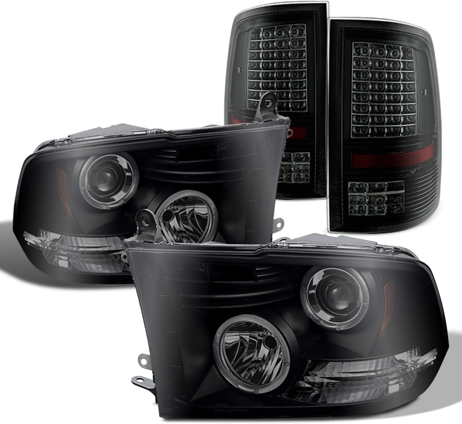 AKKON - [Black Smoke Bezel Fits 2009-2018 Dodge Ram Dual LED Projector Smoked Headlights & LED Tail Lamps