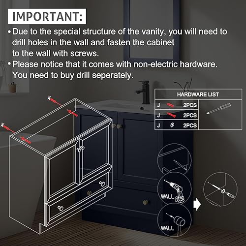 Miniatura 4 de LUCKWIND Tocador de baño de 30 pulgadas con fregadero, diseño de línea de zócalo de madera maciza pintada, gabinete de almacenamiento de baño,