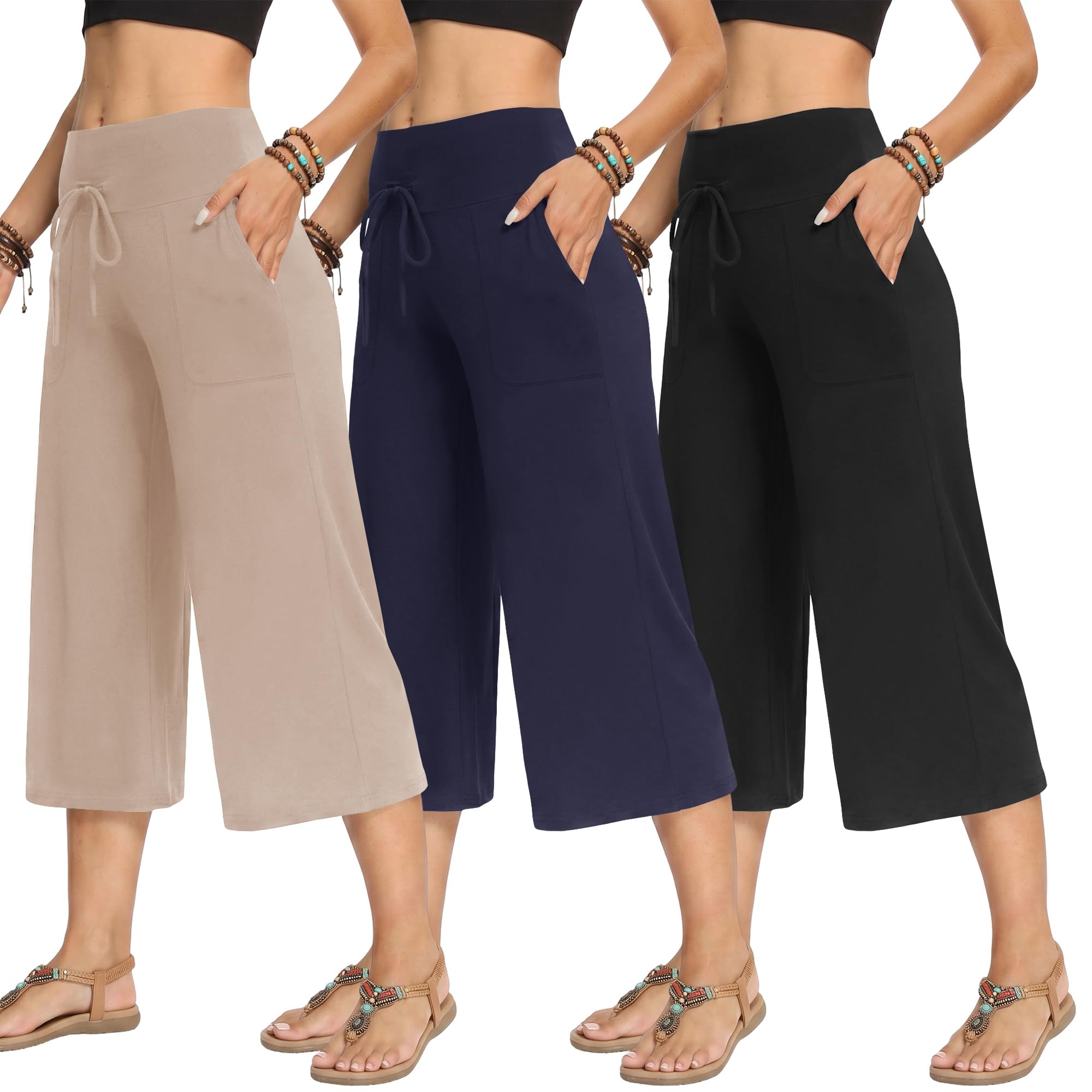 TNNZEET 3 Pack Women's Wide Leg Pants with Pockets - Casual Loose Yoga Trouser Pants Sweatpants Palazzo Lounge Pajama Pants