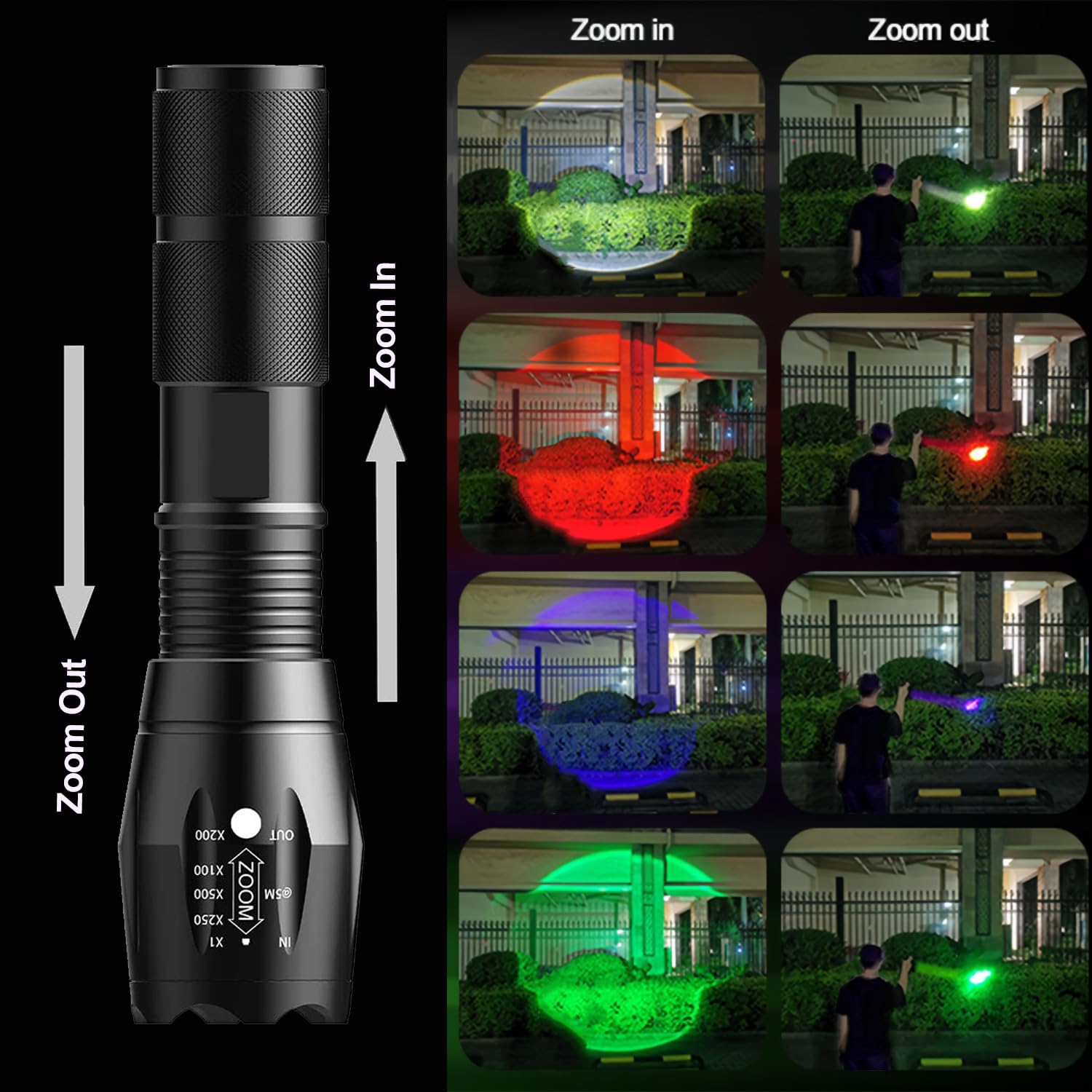 Torcia LED 4 In 1 Ricaricabile: Bianca, Rossa, Blu, Verde | 2000 Lumen, Zoom, Impermeabile - 2