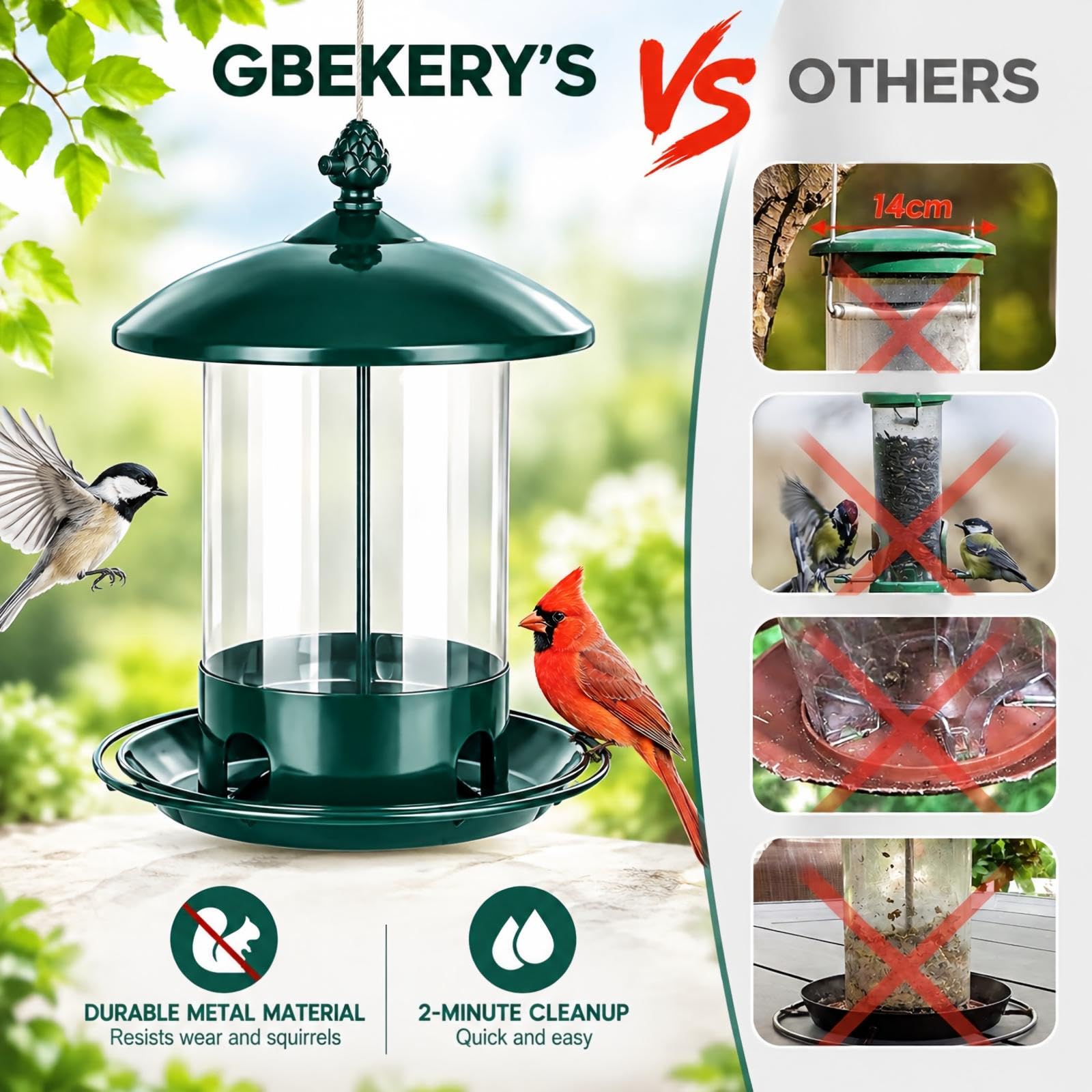 Vogelfutterspender aus Metall, zum Aufhängen im Freien, wetterbeständig, mit 360-Grad-Futterschale, Grün, 2 Stück