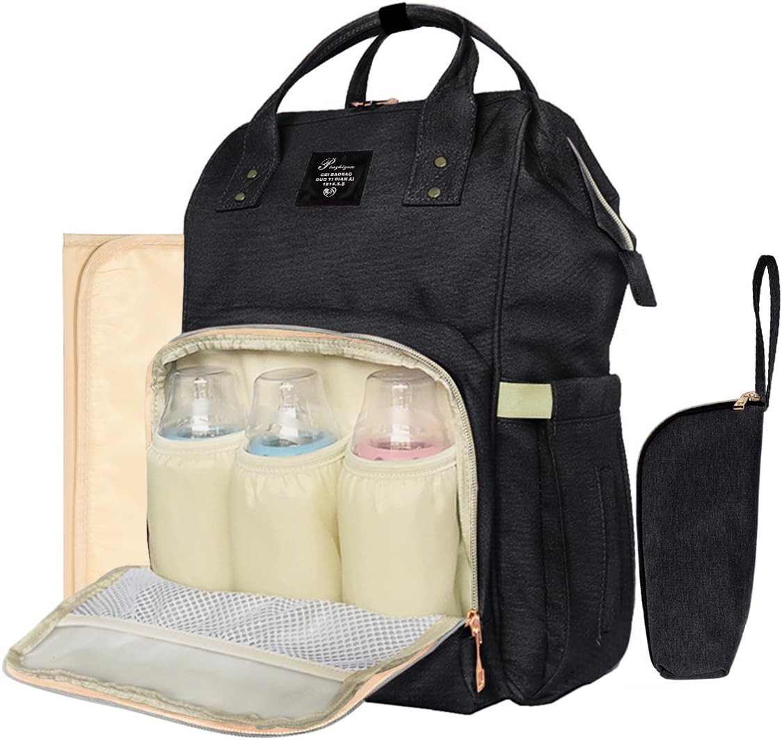 All in One Multifunction Diaper Bag Backpack Baby Nappy Bag for Mom and Dad - with Changing Pad and Insulated Pouch,14 Pockets, Black (Black)