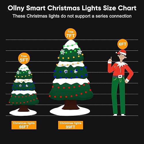 Miniatura 9 de Ollny Luces de Navidad inteligentes de 66 pies, 200 LED, aplicación de luces de árbol de Navidad que cambian de color y control remoto, cadena de