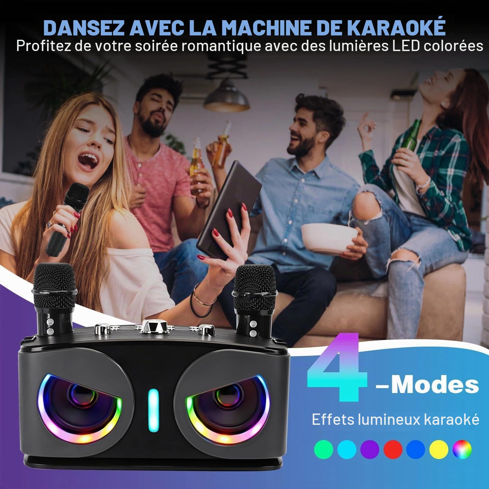 Machine de Karaoké avec 2 Microphones sans Fil, Hiboux Bluetooth Portable Karaoké Adulte, Micro sans Fil Karaoke avec Lumières Disco, Supporte TV/USB/AUX/TF/FM