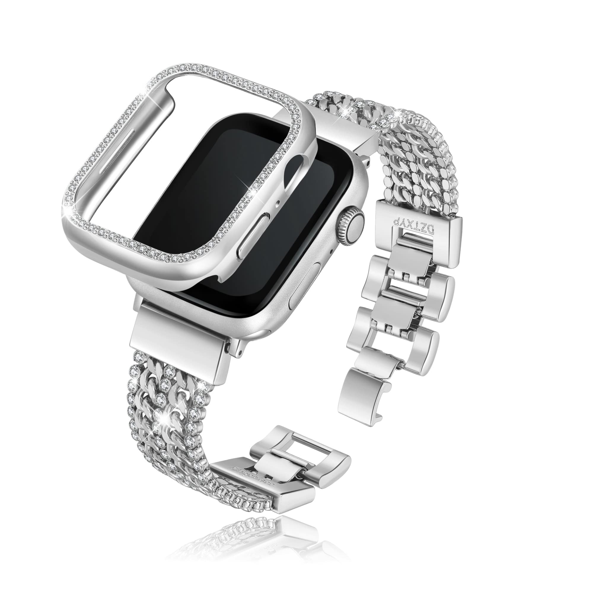 DZTXYP Crystals and Cowboy Metal Chains Compatible for Apple Watch Bracelet Bands with Bling Protective Case 38mm 40mm 41mm 42mm 44mm 45mm Iwatch Series 8 7 6 5 4 3 2 1 for Women Dressy (40mm, Silver)