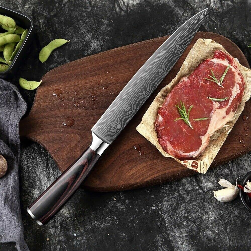 Juego de Cuchillos de Chef ZENG de 5 Piezas, Cuchillos de Cocina Alemanes Afilados Profesionales de AceroInoxidable con Mangos Ergonómicos de Madera de Pakka