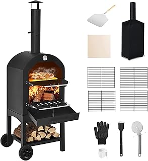 Giantex Pizza Oven Outdoor, Wood Fired Pizza Oven with Pizza Stone, Pizza Peel, Waterproof Cover, Cooking Grids, Pizza Maker with Wheels for Outside Camping Backyard Party (64 Inch)