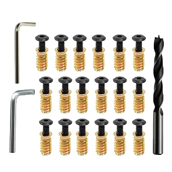 20 Sets 1/4"-20 x 20mm Threaded Insert Kits for Wood Furniture - Includes Threaded Inserts and Screws, Woodworking Drill bit and 2 Hex Wrench for Woodworking & DIY Projects