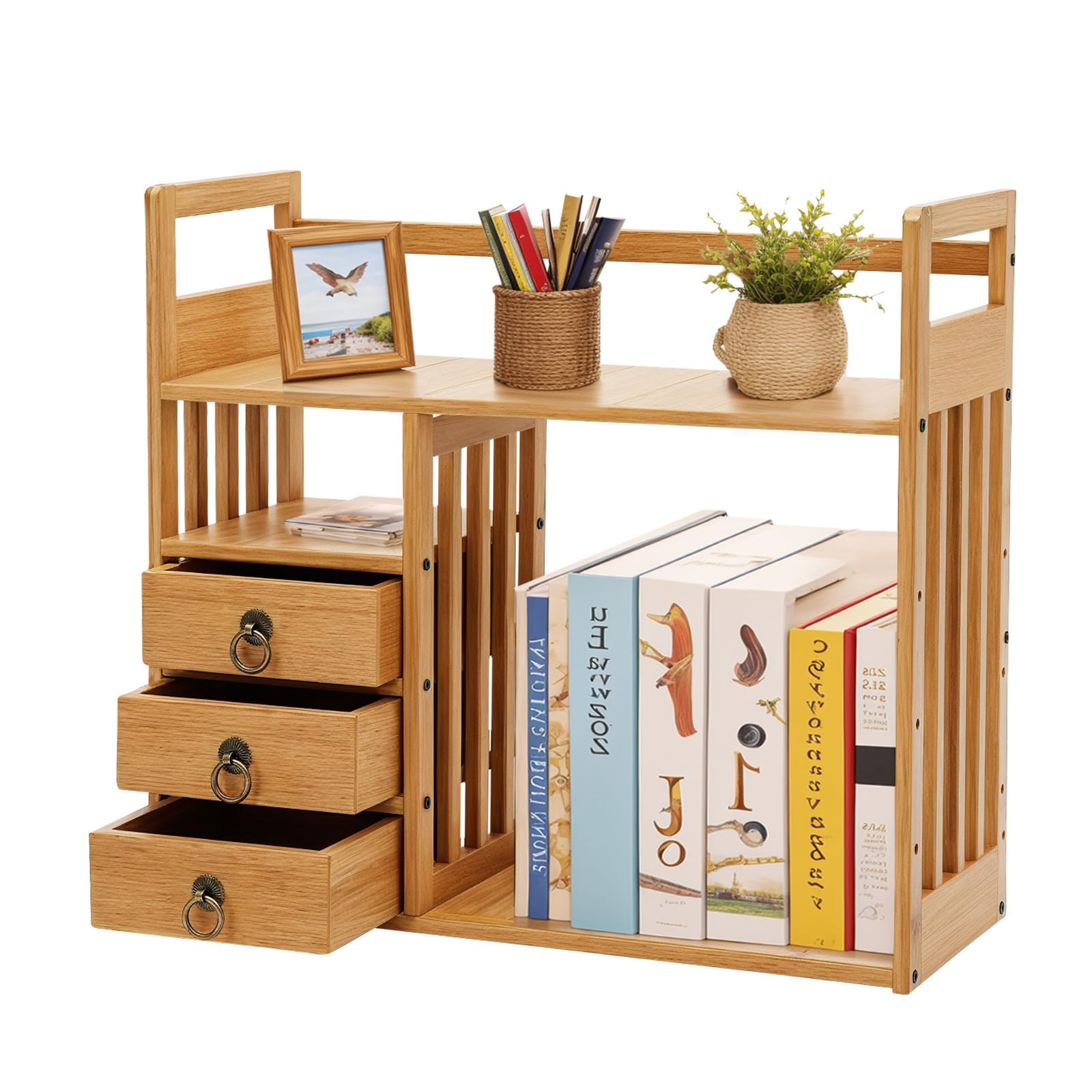 Desktop Storage Shelf with 3 Drawers, Bamboo Office Desk Storage Rack, Tabletop Organizer with Top Handles, Open Design Bookshelf for Office Home Dormitory