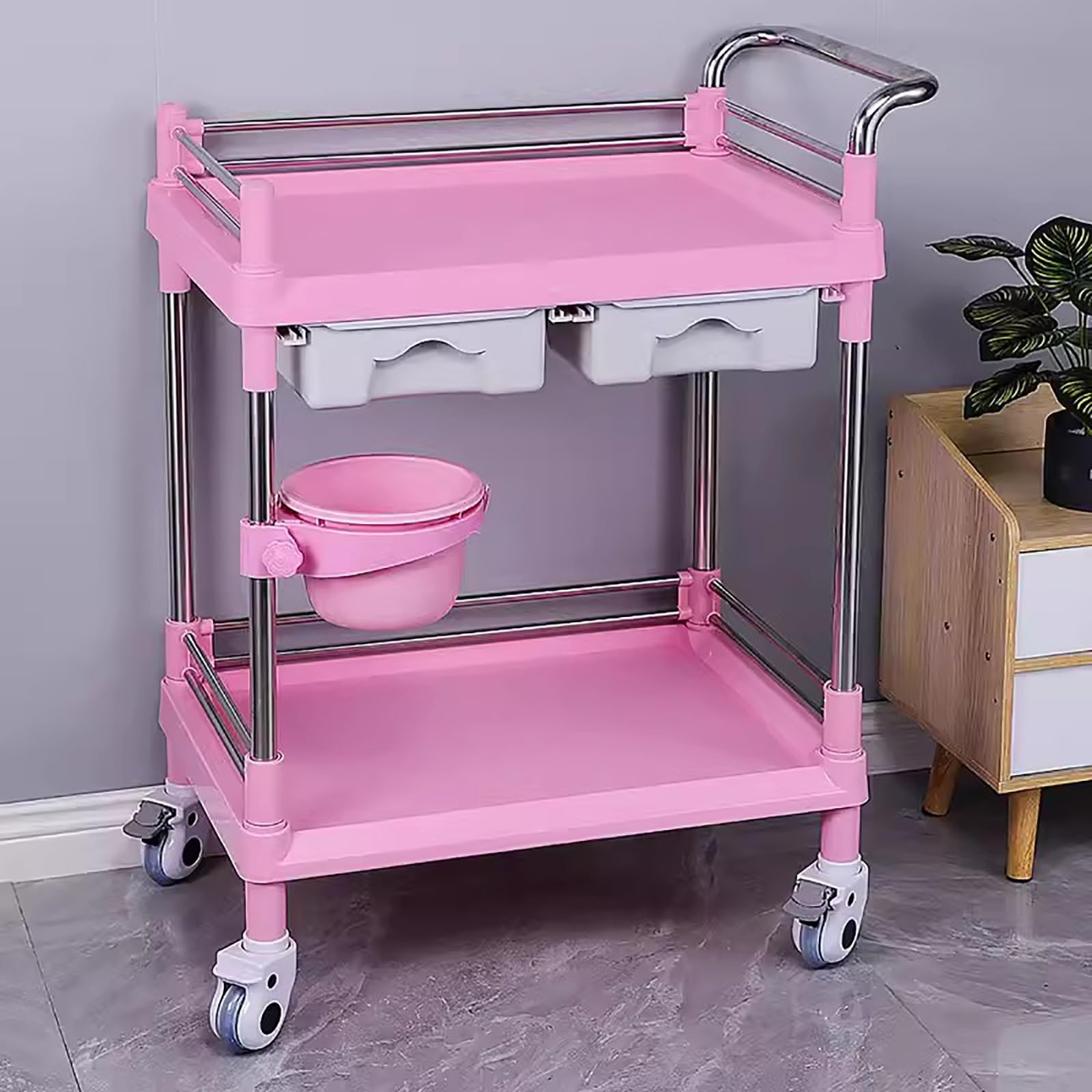 Carrello estetista con ruote, carrello multiuso, carrello da laboratorio a 2 livelli in plastica e acciaio inossidabile, capacità di carico 99,8 kg, include 2 cassetti e 1 secchio per lo
