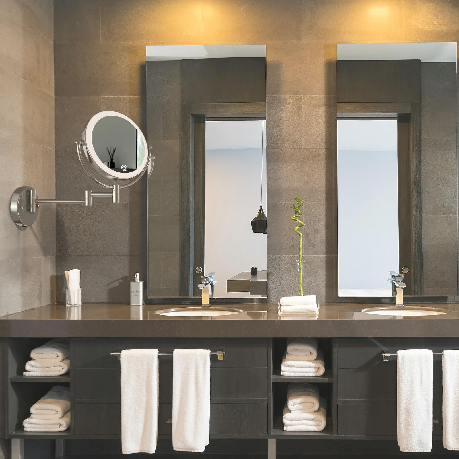 Espejo de maquillaje conectado fijo con luz, aumento de pared de doble cara espejo de baño de 20 cm 10 x aumento 3 colores iluminación espejo de afeitar