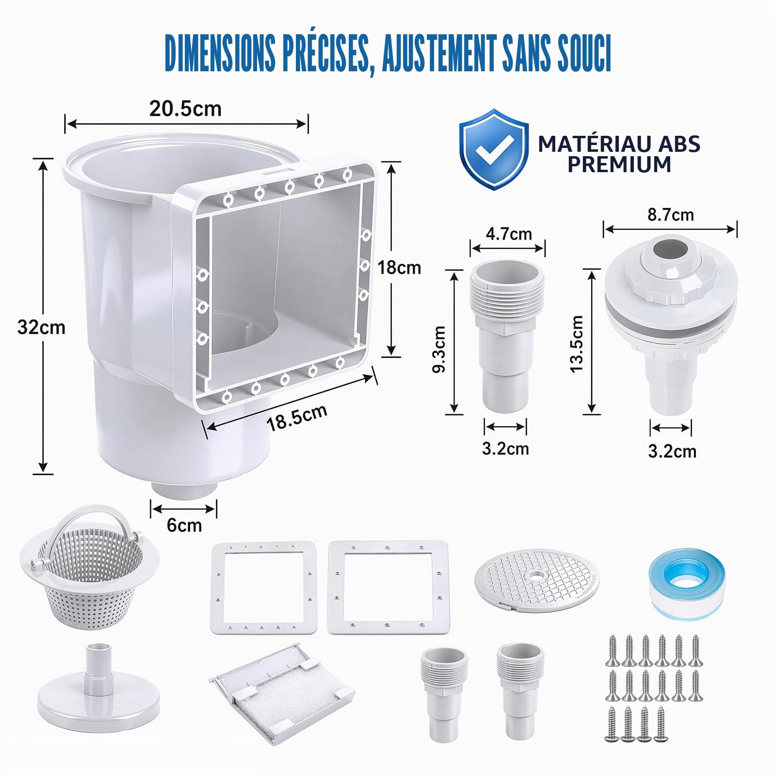 Kit de Skimmer pour Piscines à Parois en Acier et Piscines Hors Sol - Skimmer Encastrable Hautement Efficace avec Grand Panier Filtrant, Buse D'aspiration et Raccord de Tuyau 32/38 mm