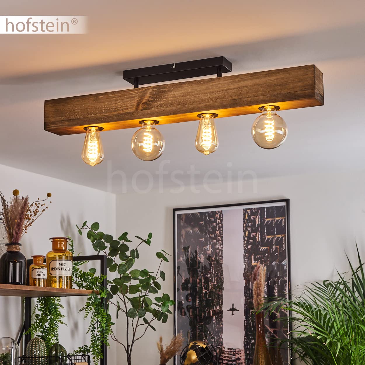HOFSTEIN Deckenleuchte Berat, Deckenlampe aus Metall/Holz in Schwarz/Naturfarben, moderne Leuchte im Retro/Vintage-Design mit Holzbalken, 4 x E27, Esszimmer, Schlafzimmer, Wohnzimmer, Küche