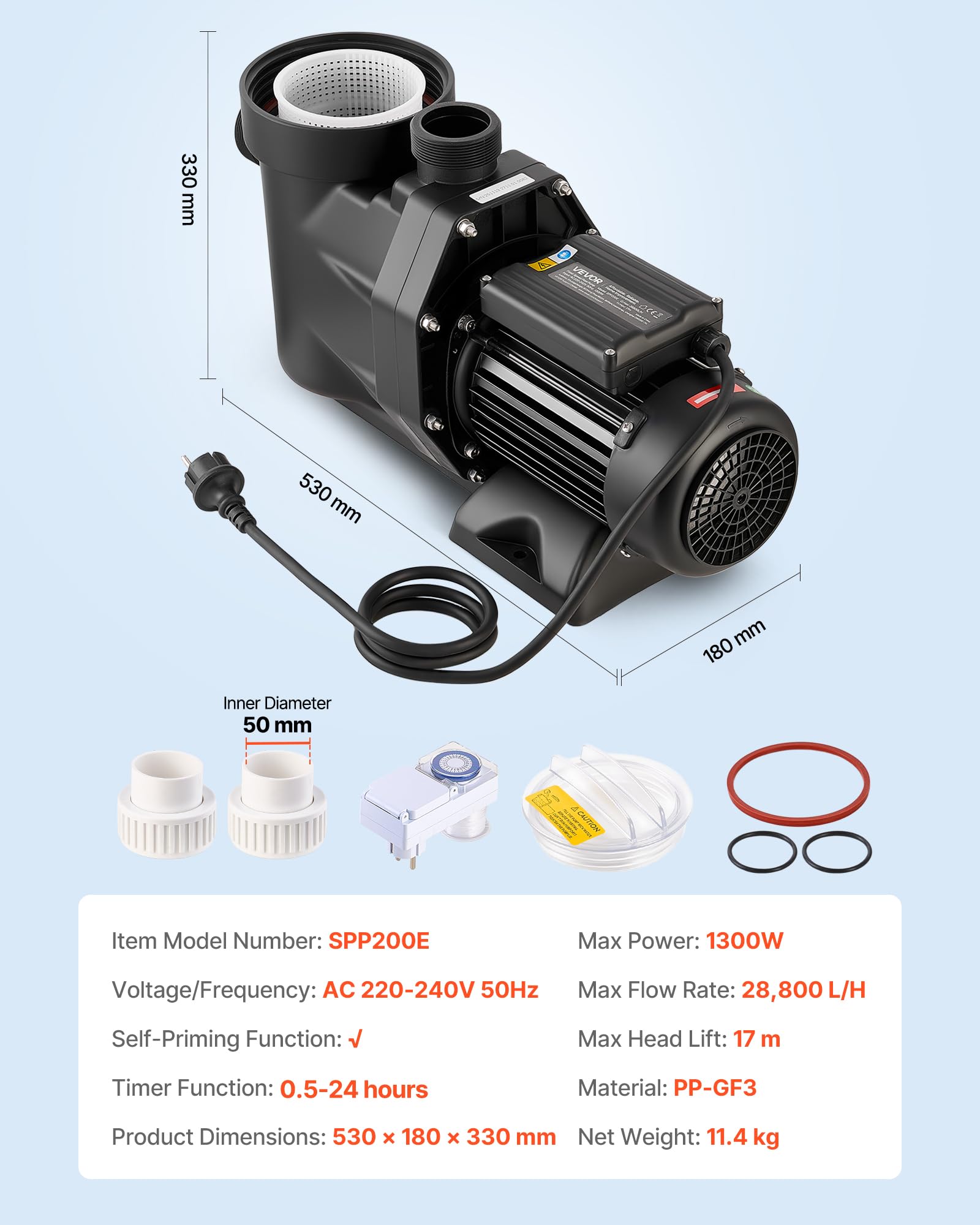 VEVOR Bomba para Piscina 1300 W Caudal Máximo de 28800 L/H Bomba de Filtración para Piscina de Una Sola Velocidad, CA 220-240 V, Altura de Elevación Máxima de 17 m, con Temporizador de 24 Horas