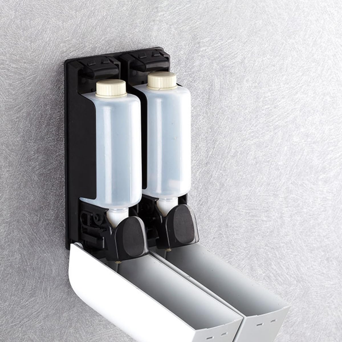 Dispensador de Jabón y Champú para Pared sin Perforación, Doble Cabezal de Color Claro con Texto, Botella Bomba Manual para Baño, Hotel y Cocina, Dispensador de Loción y Gel