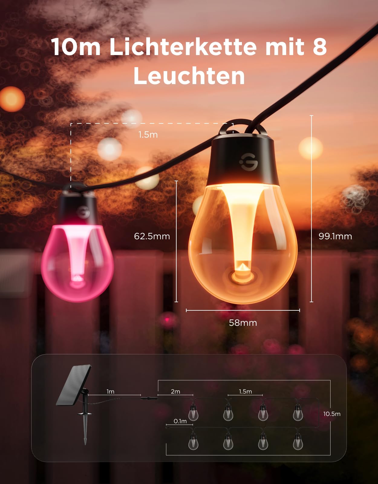 Govee Solar Lichterkette Outdoor 10m, RGBICW mit 16 Millionen Farben | 112 Szenenmodi, App-Steuerung, nur Bluetooth, 8 dimmbaren splitterfreien LED-Lampen, 50lm, IP67 für Balkon, Garten, Camping