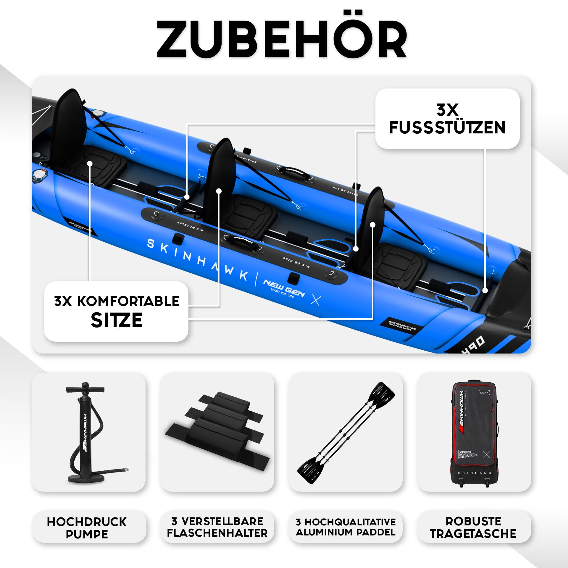 SKINHAWK Prestige Blue Kayak Set 490 – Barco inflable – Canoa – 490 x 96 cm – Kayak para 3 personas