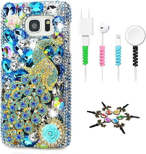 STENES Sparkle - Funda compatible con Samsung Galaxy S21 Ultra, elegante, hecha a mano en 3D con diseño de rosas de pavo real y protector de cables,