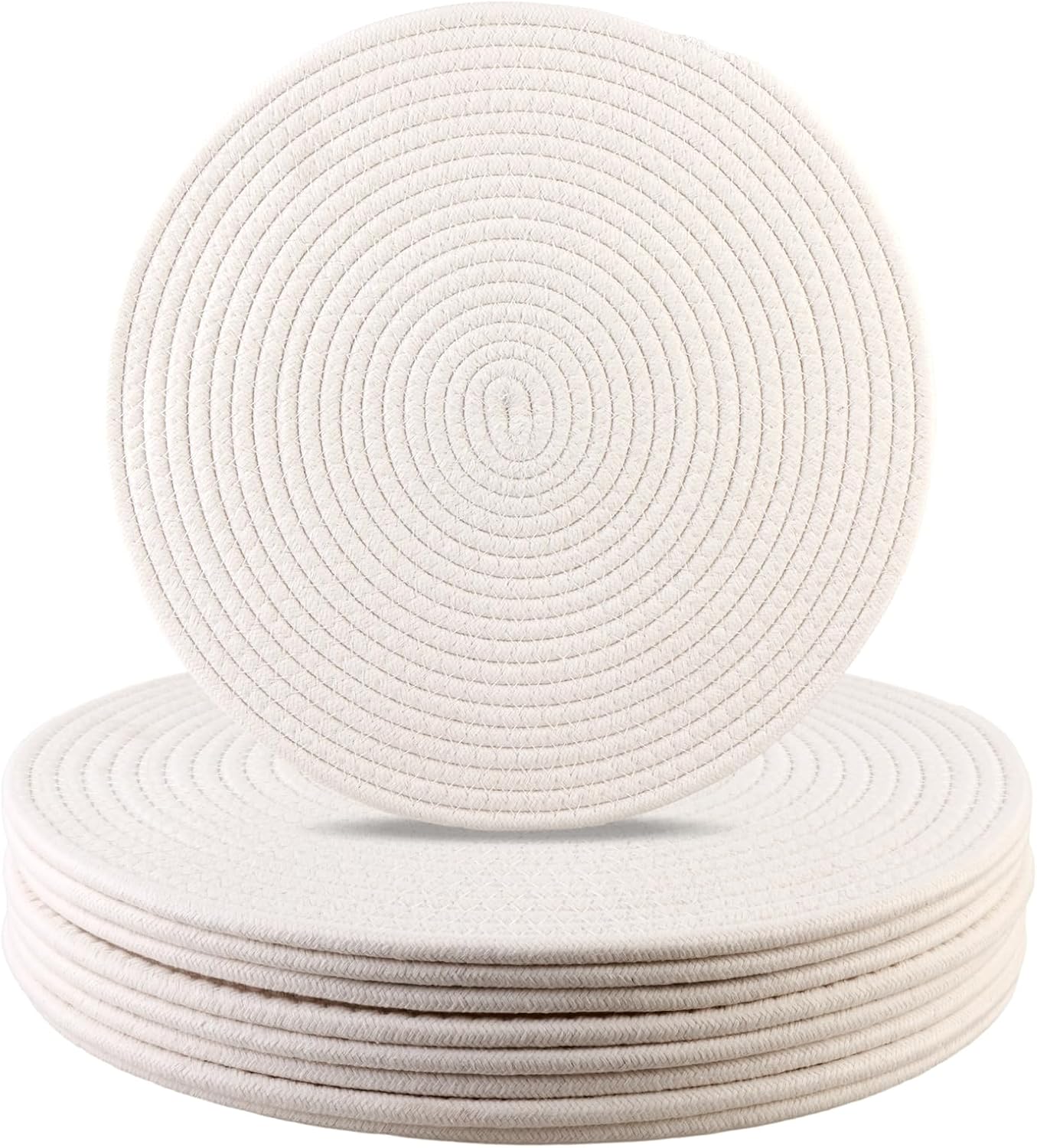 Round Woven Placemats Set of 8 Heat Resistant Placemats 13.5 Inches Farmhouse Cotton Rope Place Mats for Dining Tables Trivets for Hot Dishes, White