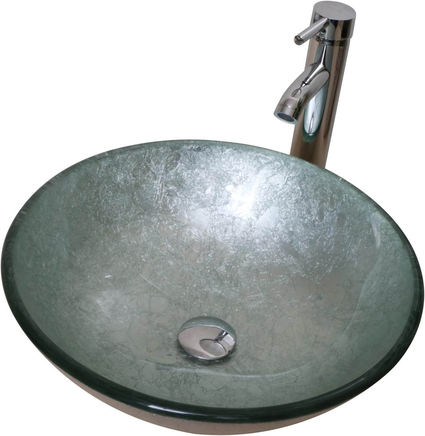 Silver Green Round Temepered Glass Sink With Chrome Faucet And Pop Up Drain Set