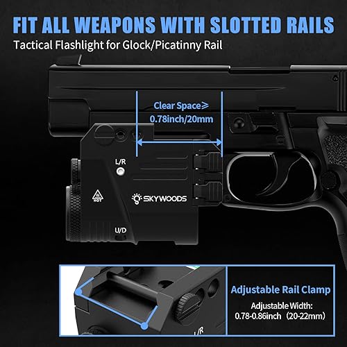 Miniatura 7 de Combo de linterna de haz láser de pistola, 500 lúmenes montada en riel para pistola láser, luz estroboscópica magnética recargable, arma táctica