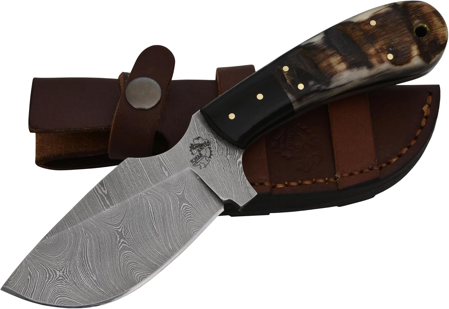Knives Ranch Handmade 8" Damascus Steel Skinning Knife – Full Tang Hunting Knife –Ram's Horn Handle – Dual Carry Leather Sheath (2051-RH)