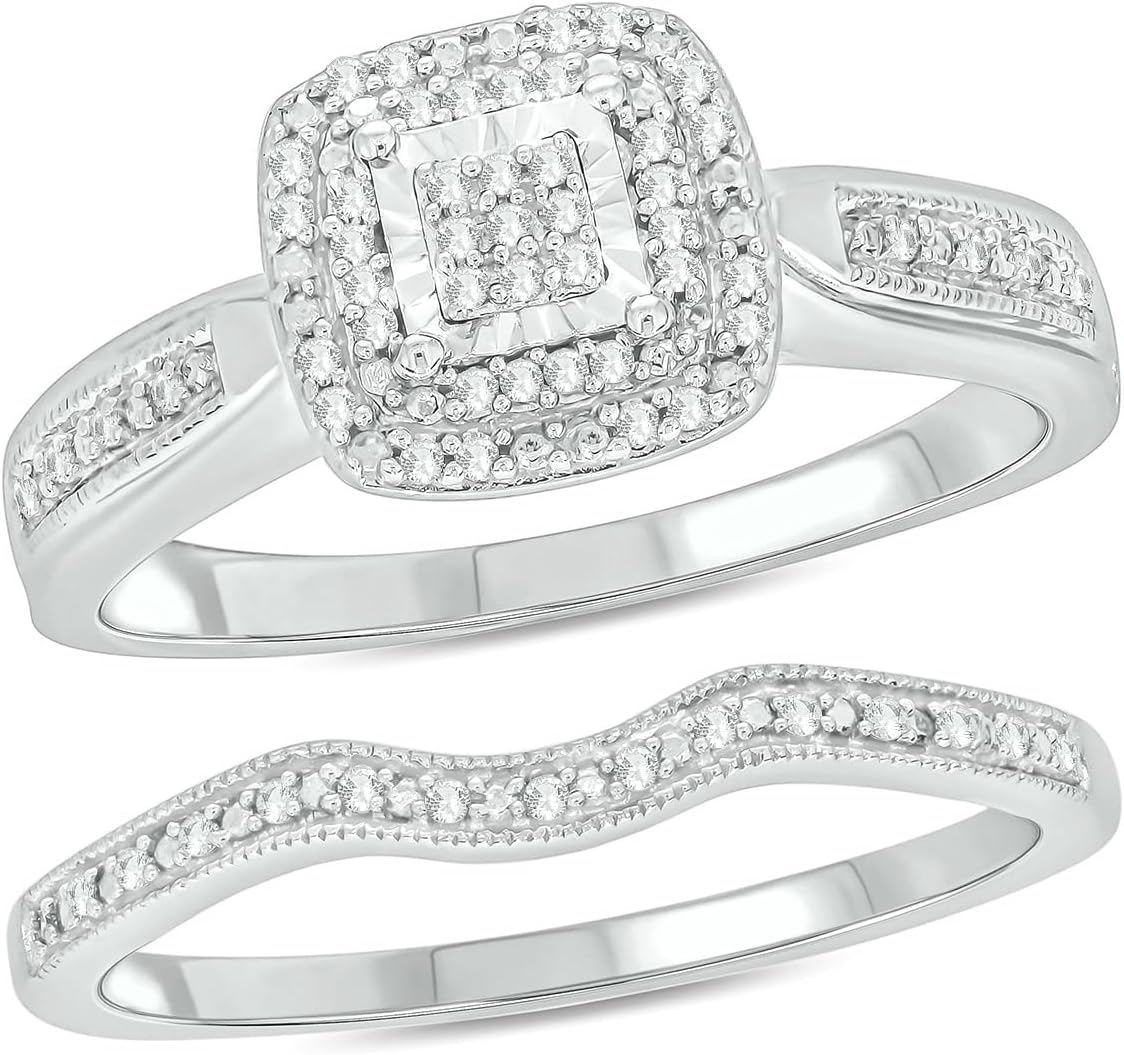 Cali Trove Black & White Diamond Bridal Ring Set for Women | 925 Sterling Silver Halo Engagement Wedding Promise Ring | Valentine Gift for Girlfriend | Proposal Anniversary Jewellery for Her