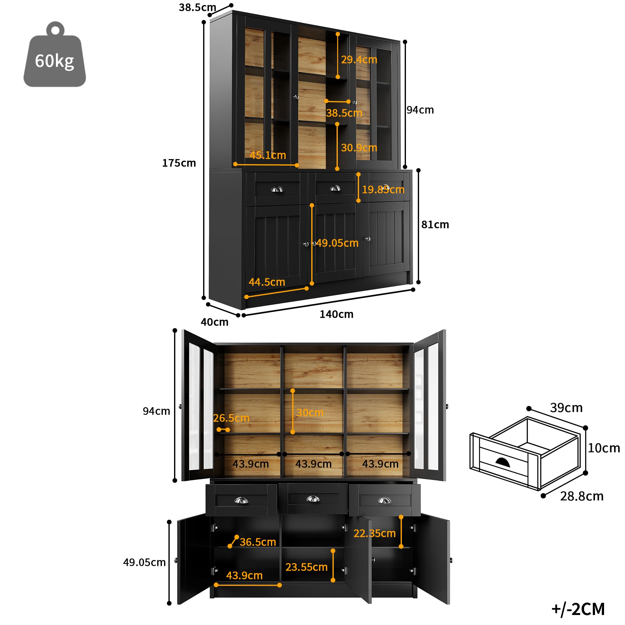 Hochschränke fürs Wohnzimmer,Vitrinenschrank,Küchenschrank,Esszimmerschrank mit Schubladen,Moderner Minimalistischer Hochschrank,Standvitrine für Küche Wohnzimmer Esszimmer(Schwarz (140×38.5×175cm))